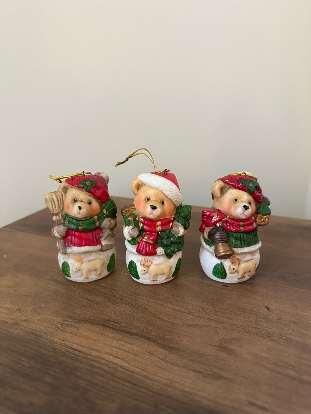 Holiday Bear Ornament Trio - Red & Green Christmas Collectible